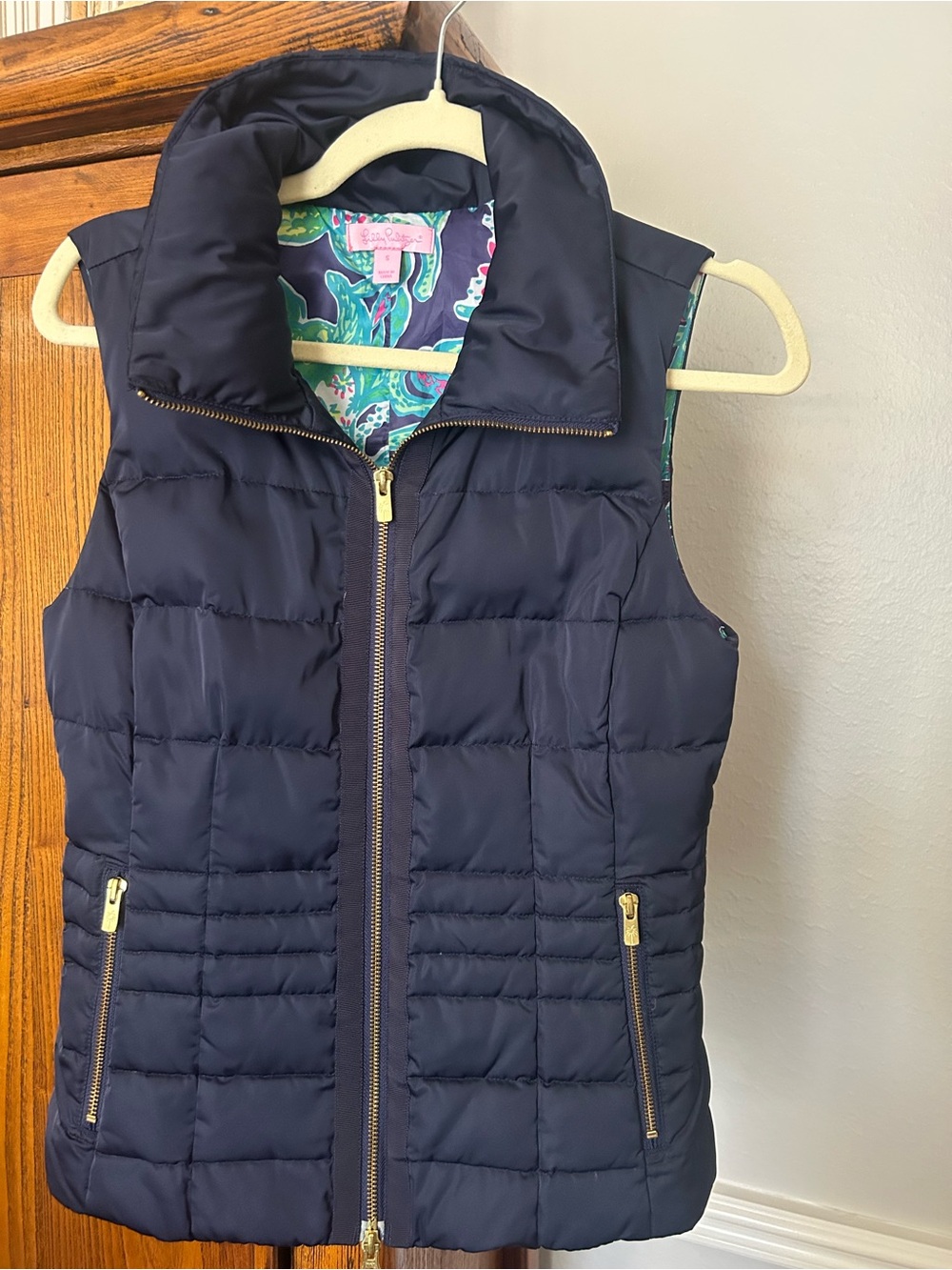 Navy Quilted Puffer Vest with Gold Zippers